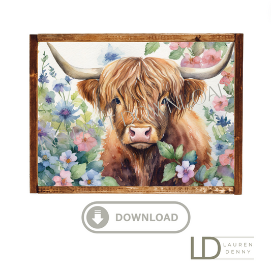 watercolor floral yellow momma Instant Digital Download; Highland Cow; Fluffy Cow Cattle Photography