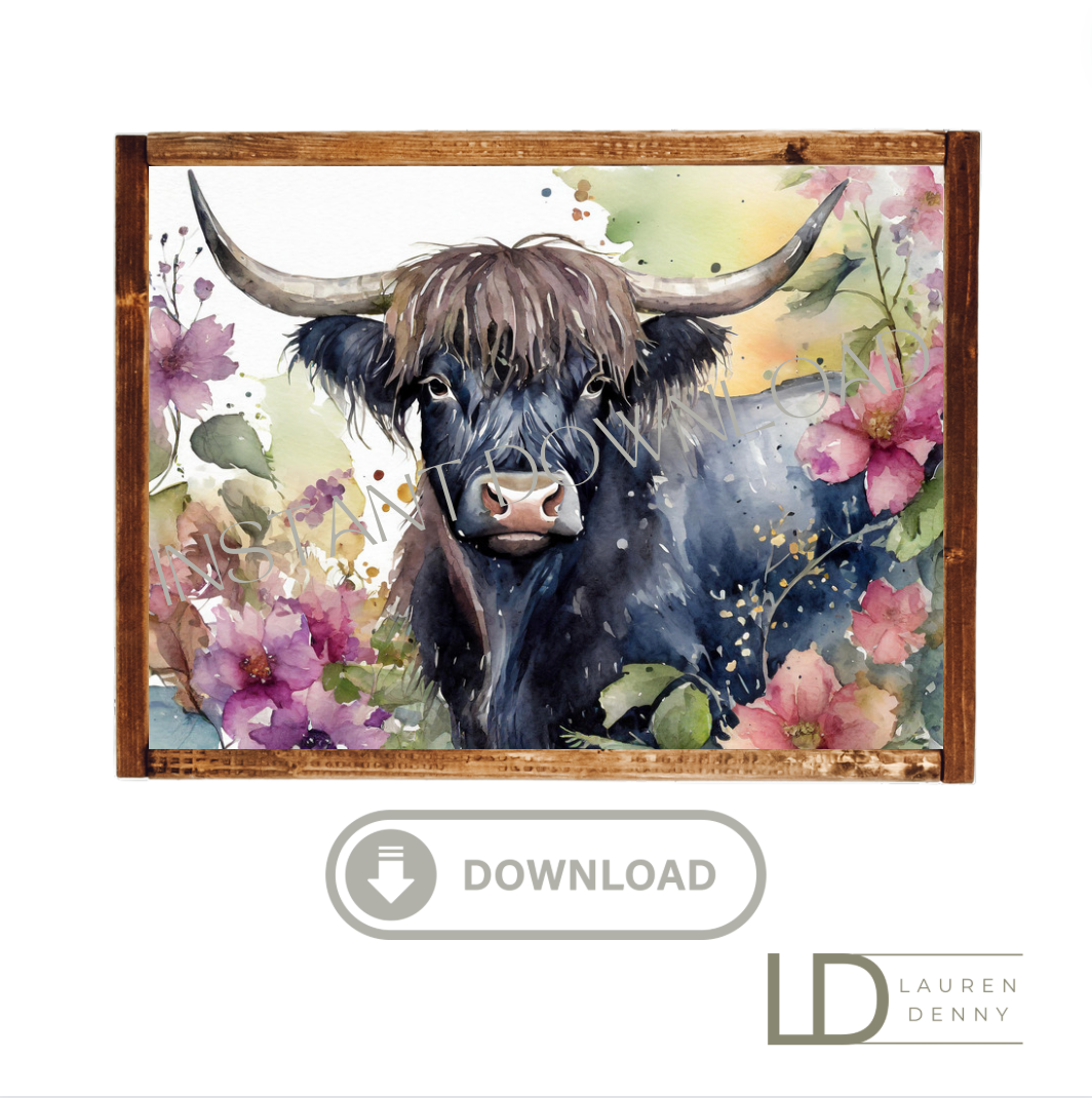 watercolor floral yellow momma Instant Digital Download; Highland Cow; Fluffy Cow Cattle Photography